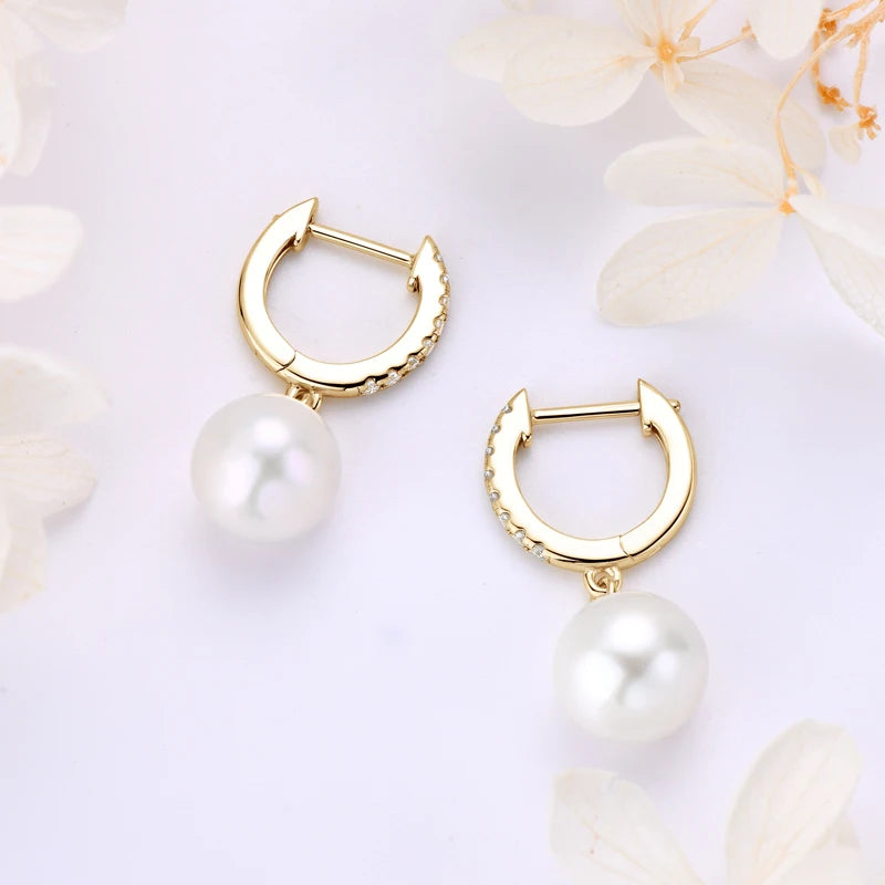 Anziw Genuine 925 Sterling Silver Moissanite Hoop Earrings 9-10mm Freshwater Pearl