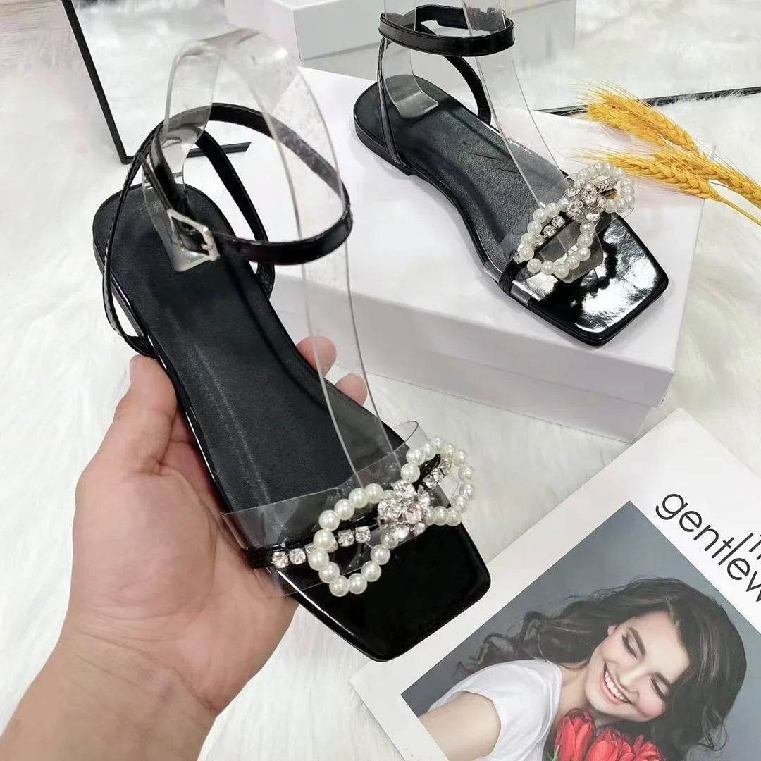 2023 Summer Women's Sandals with Bow Pearl Flat Heels Elegant Rhinestone Party Ladies Shoes Plus Size 42 Sandalias Mujer - Imbasat