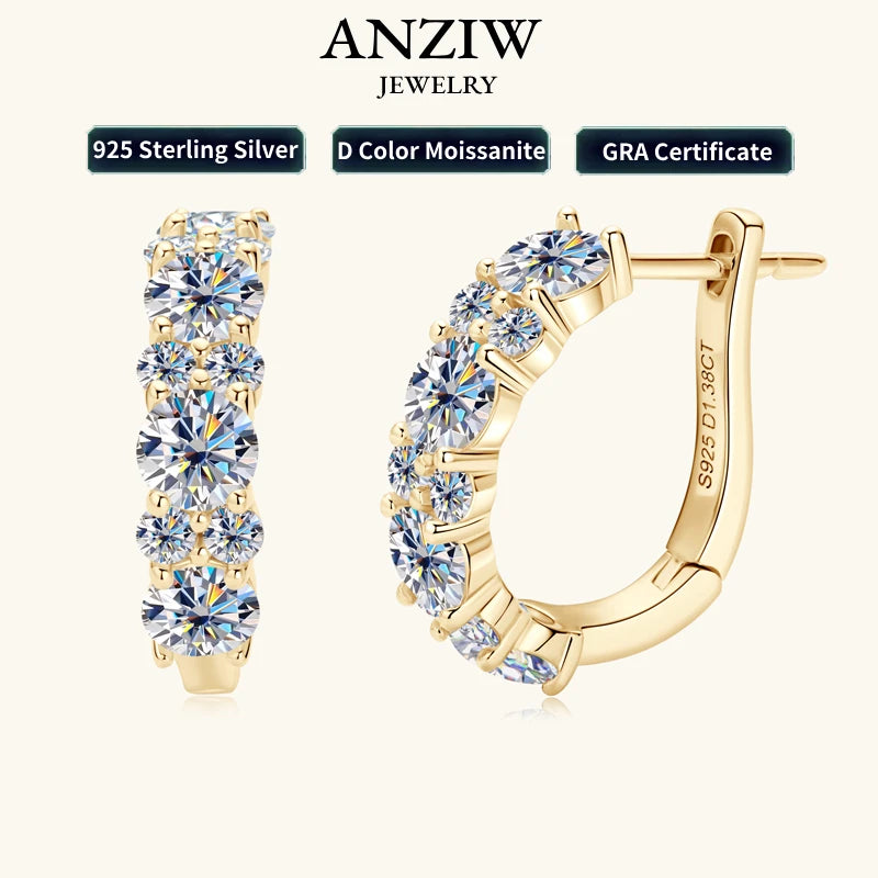 Anziw 2.76CTTW. Moissanite Earrings Luxury 925 Sterling Silver Hoop Stud Earrings