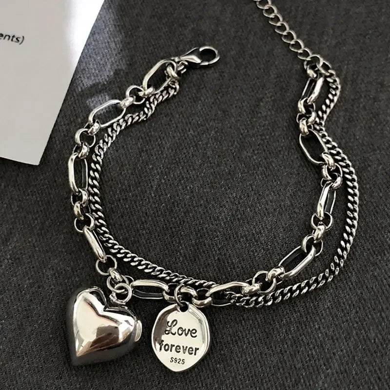 Elegant 925 Sterling Silver Love Letter Heart Double Layer Bracelet Female Unique Design Thai Silver Retro Light Luxury Jewelry - Imbasat