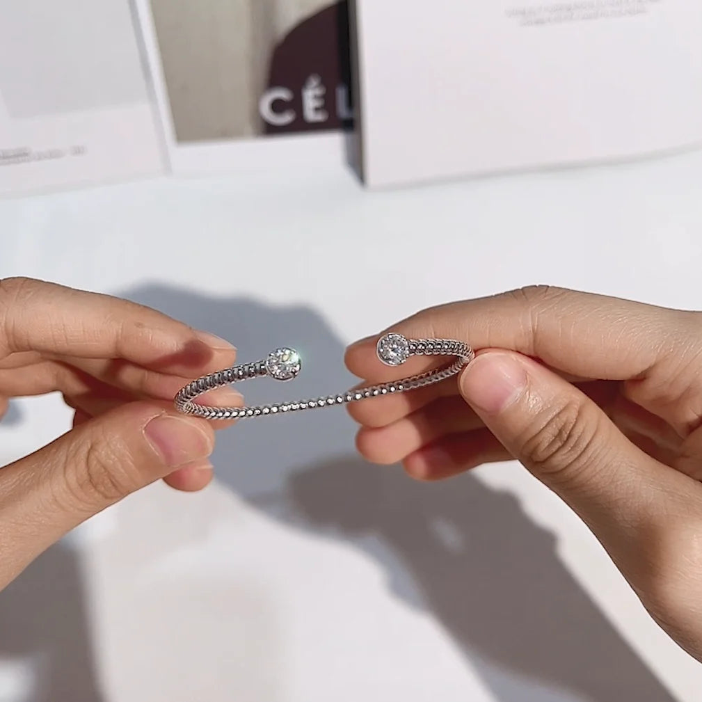 Anziw Solid Bangle Real 925 Silver 5mm 1ctw. D Color Bezel Round Moissanite Bracelet