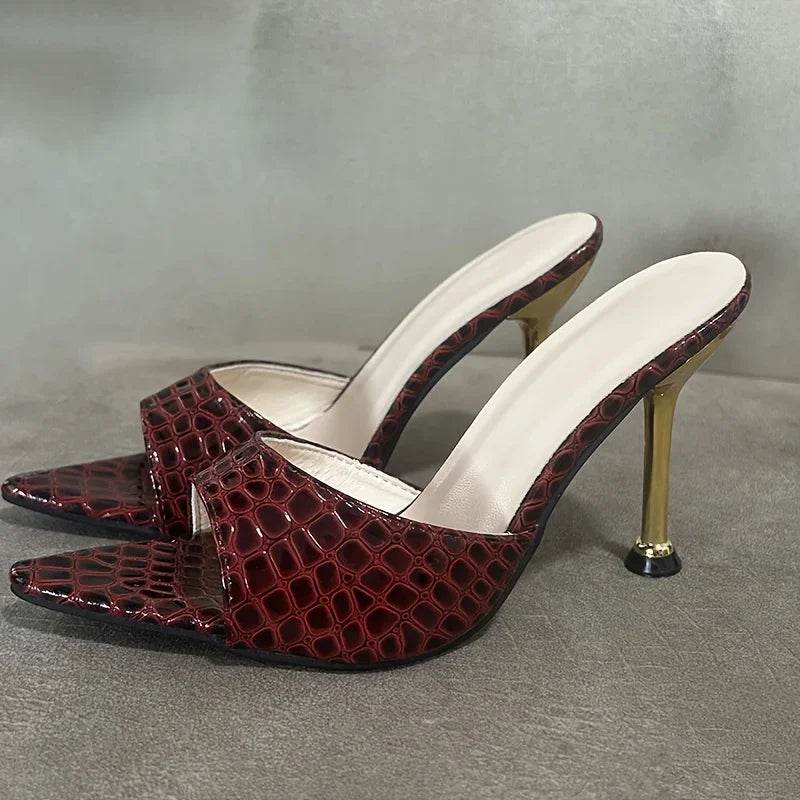 Glamorous Crocodile Texture High Heel Sandals - Chic Slip-On Stilettos with Pointy Peep Toe for Fashion-Forward Parties Banquets - Imbasat