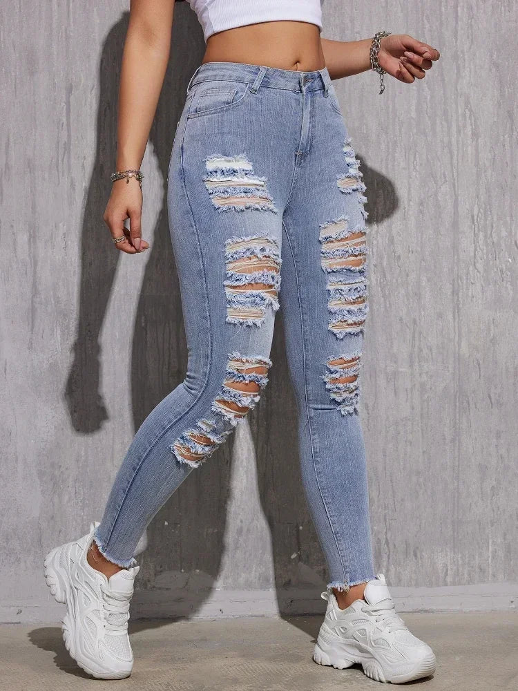 Skinny Stretch Lady High Waist Hole Denim Pants Fashion Solid Color Sexy Pencil Trousers
