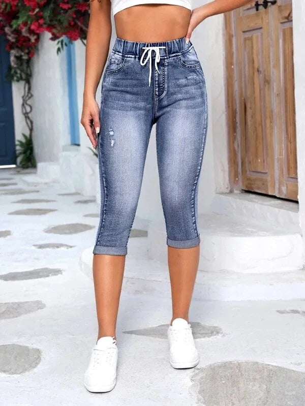 Women Jeans Elastic Waist Drawstring High Waist Ripped Jeans