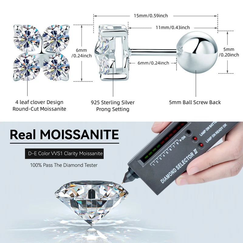 Anziw Lucky Four Leaf Clover Moissanite Stud Earrings 925 Sterling Silver Screw-Back