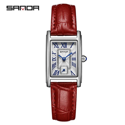 SANDA New Fashion Elegant Design Rectangle Dial Water Resistant Leather Quartz Movement Business Gift  Women Analog Wrist Watch