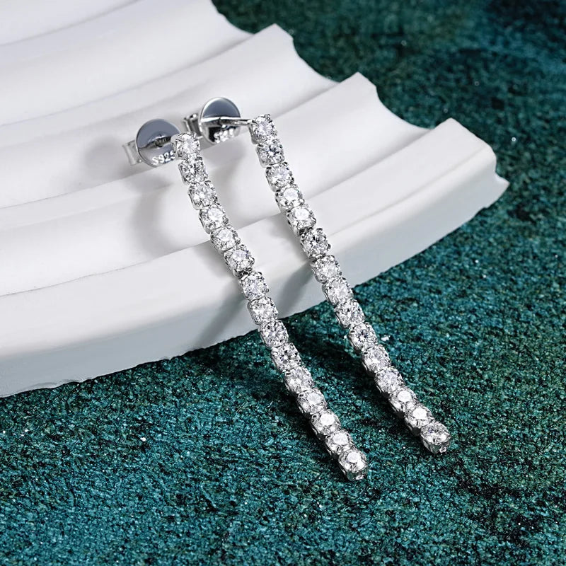 925 Silver Long Drop Tennis Earrings for Women 2.5MM D-E Moissanite Dangle Earrings