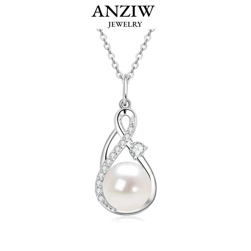Anziw 10mm Black Pearl Moissanite Infinity Pendant Necklace Silver 925
