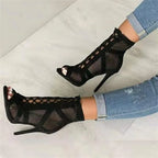 Black Net Fabric Cross Strap High Heel Lace-up Peep Toe