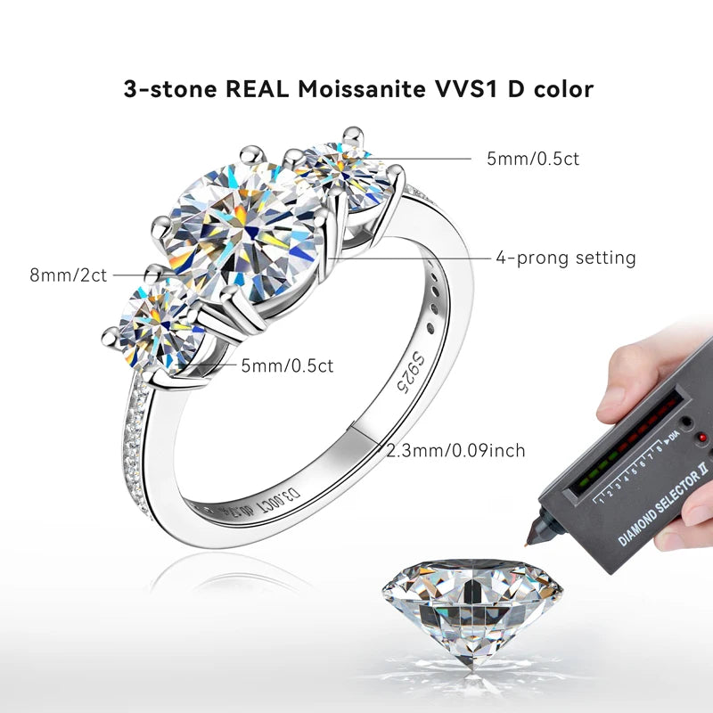 Anziw 3-stone Real 3.6CT Moissanite Ring