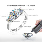 Anziw 3-stone Real 3.6CT Moissanite Ring