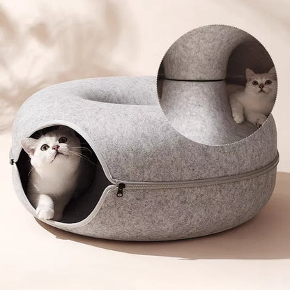 Cat Tunnel Bed for Indoor Cats Scratch Resistant Donut Cat Bed Cave Indoor Cat Hideout Detachable Round Felt & Washable