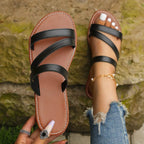 Rimocy Summer Flat Heel Sandals for Women Casual Plus Size 42 Beach Slippers Woman Pu Leather Strap Slip-On Gladiator Sandals - Imbasat