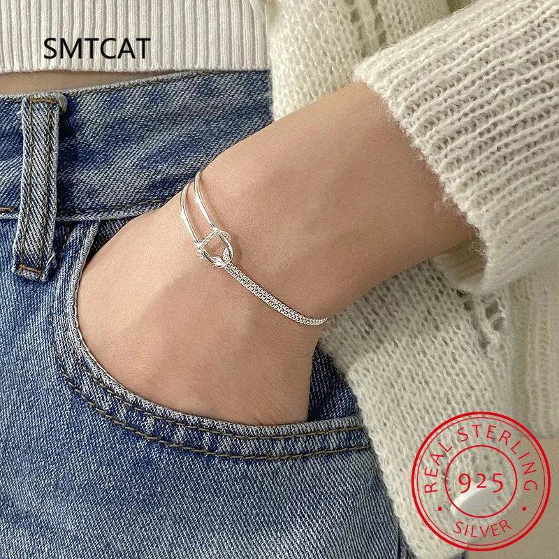 Real 925 Sterling Silver Asymmetric Double Layer Chain Bracelet for Women Hiphop Fine Jewelry Minimalist Accessories - Imbasat