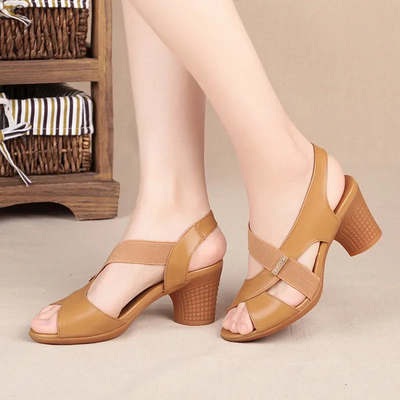 Women Summer Sandals Platform Round Mid Heel Back Strap Peep Toe Pu Leather Beach Casual Fashion Shoes Ladies Female 2023