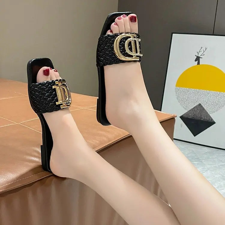 Women Luxury Decor Weave Design Flat Sandals Fashion Open-toe Vacation Casual Slides Party Sexy Elegant Office-Ladies New Shoes