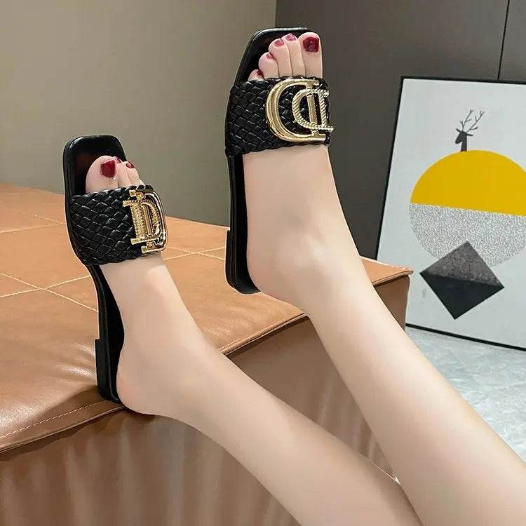 Women Luxury Decor Weave Design Flat Sandals Fashion Open-toe Vacation Casual Slides Party Sexy Elegant Office-Ladies New Shoes - Imbasat