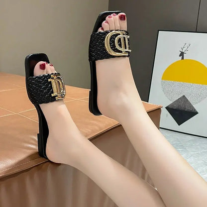 Women Luxury Decor Weave Design Flat Sandals Fashion Open-toe Vacation Casual Slides Party Sexy Elegant Office-Ladies New Shoes