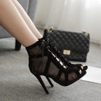 Black Net Fabric Cross Strap High Heel Lace-up Peep Toe