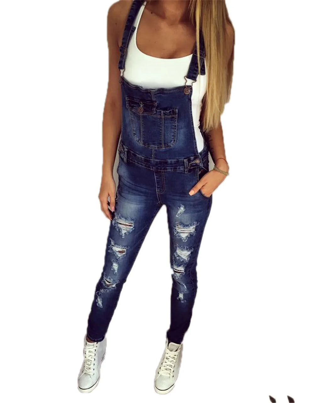 Denim Overalls Jeans Ankle Length Pencil Pants Pockets Holes Solid High Waist