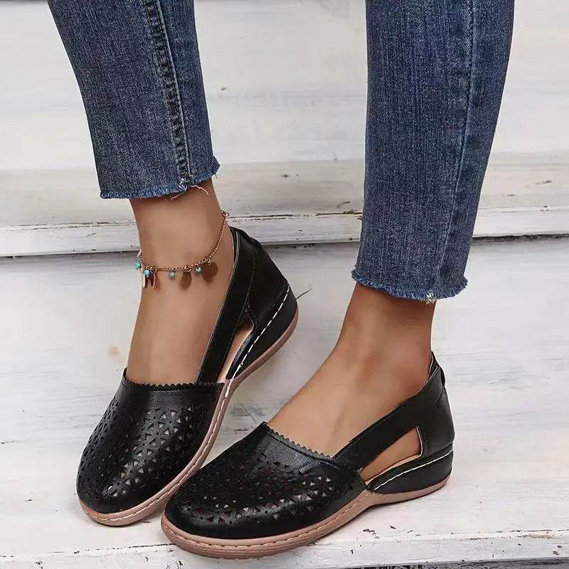 Summer soft sole mother sandals fish mouth middle-aged and elderly leather shoes flat middle-aged single shoes women's shoes - Imbasat