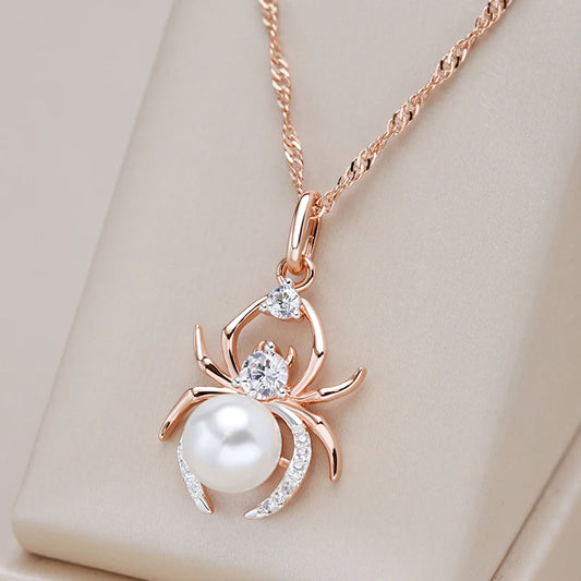 Kinel Hot Punk Spider Pearl Pendant Necklace for Women Fashion 585 Rose Gold Silver Color Mix Party Pendant Daily Fine Jewelry