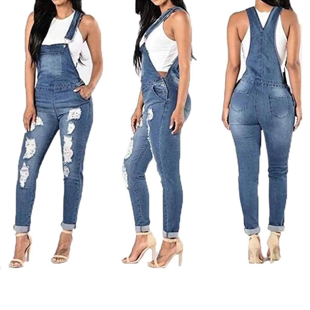 Denim Overalls Jeans Ankle Length Pencil Pants Pockets Holes Solid High Waist