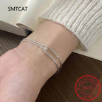 Real 925 Sterling Silver Asymmetric Double Layer Chain Bracelet for Women Hiphop Fine Jewelry Minimalist Accessories - Imbasat
