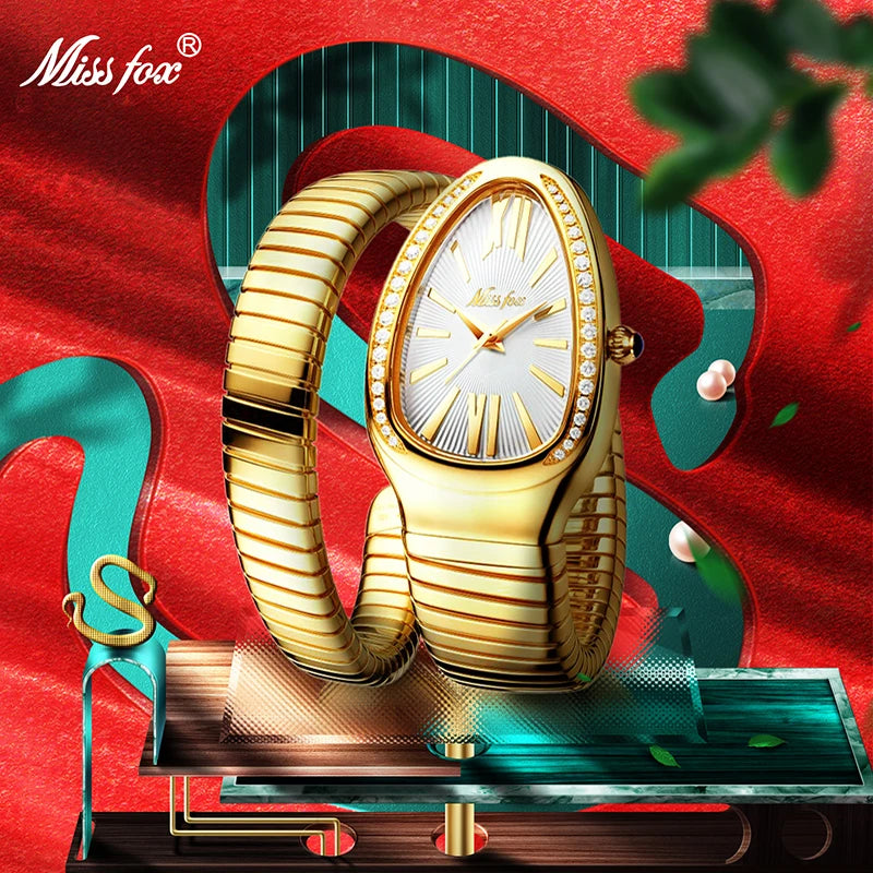 Hot Serpentine Disign Watch For Womens Brand MISSFOX Fashion Diamond Quartz Clocks Ladies Dress Snake Wristwatch Free Shipping