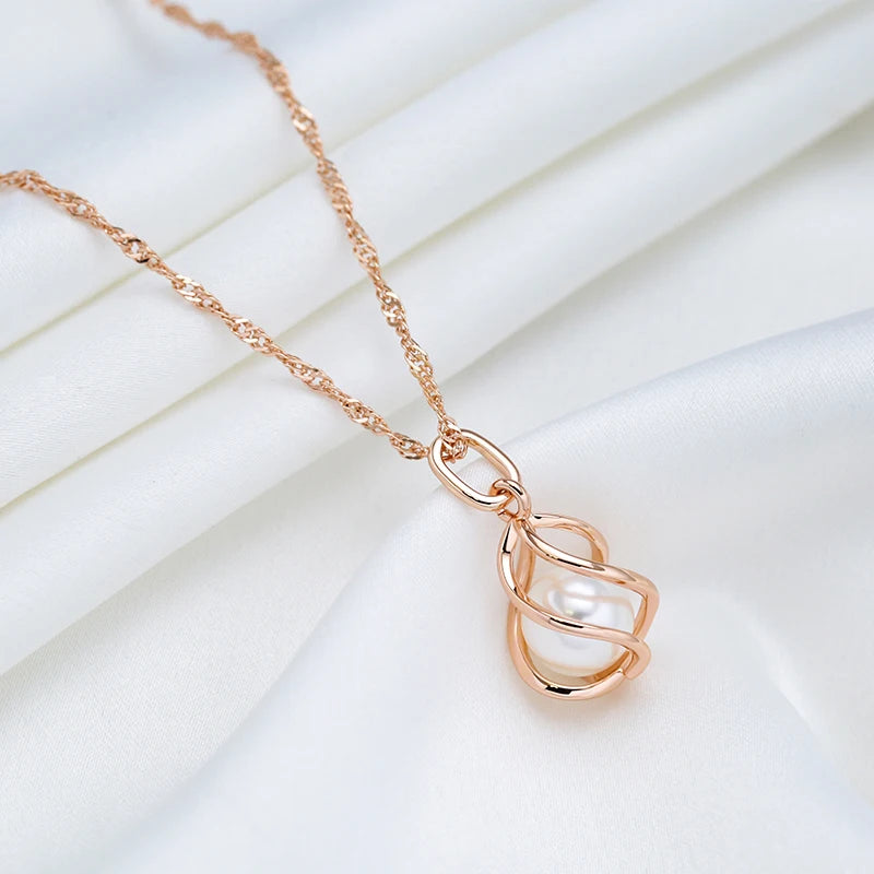 Kinel Luxury 585 Rose Gold Pendant Necklace Unique Geometric Hollow Pearl