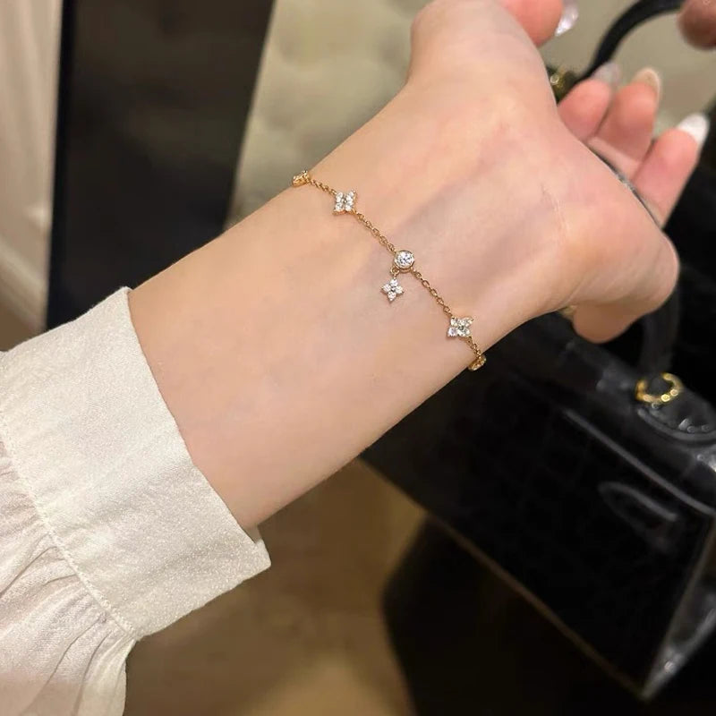 Anziw Silver 925 Four Leaf Clover Bracelet Certified D Color Moissanite Bracelets Gold Plated