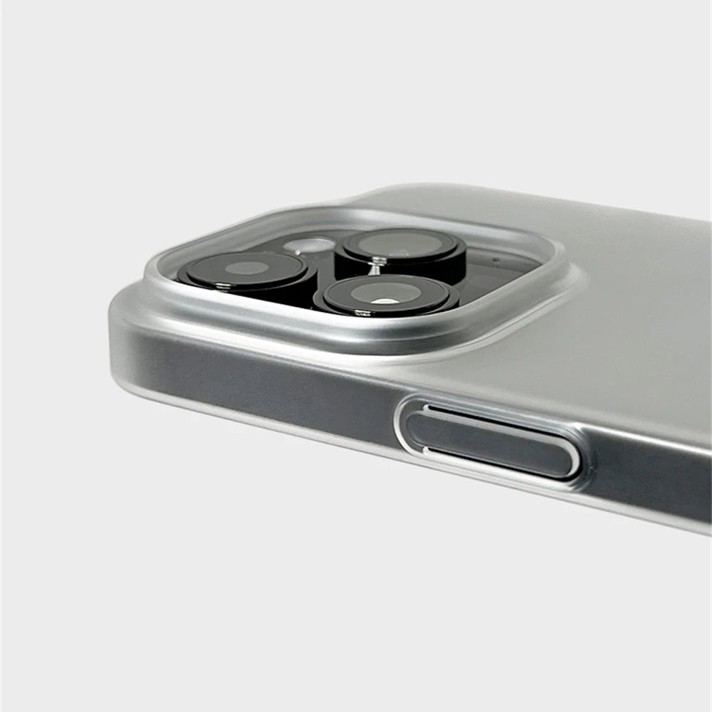 Close-up of a smartphone with a clear case on a light gray background