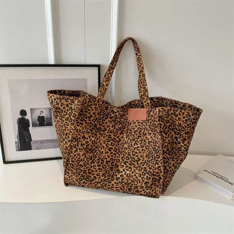 Oversized Leopard Prints Shoulder Bags for Women Deformable Canvas Large Capacity Shopping Totes 2024 Winter New Luxury Handbags - Imbasat