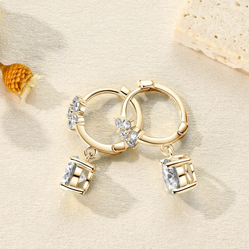 Anziw 18k Gold Plated 925 Silver Flower 6.5MM 1CT Moissanite Drop Hoop Earrings
