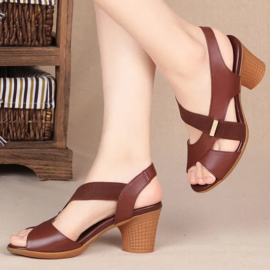 Women Summer Sandals Platform Round Mid Heel Back Strap Peep Toe Pu Leather Beach Casual Fashion Shoes Ladies Female 2023