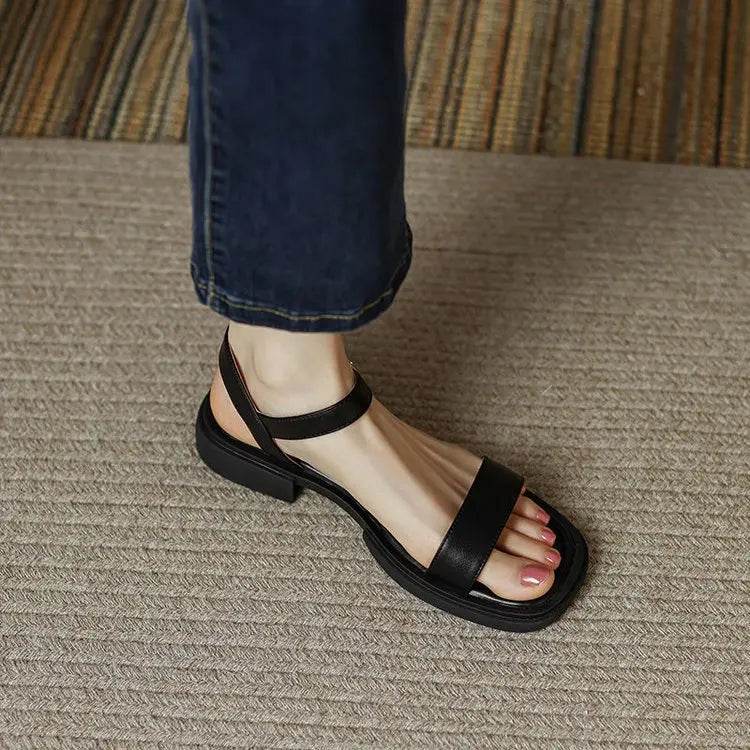 French Vintage Brown Sandals 24 Summer Low Heel Roman Shoes with Open Toe Stripe Simple and Comfortable Flat Bottom Women Shoes - Imbasat