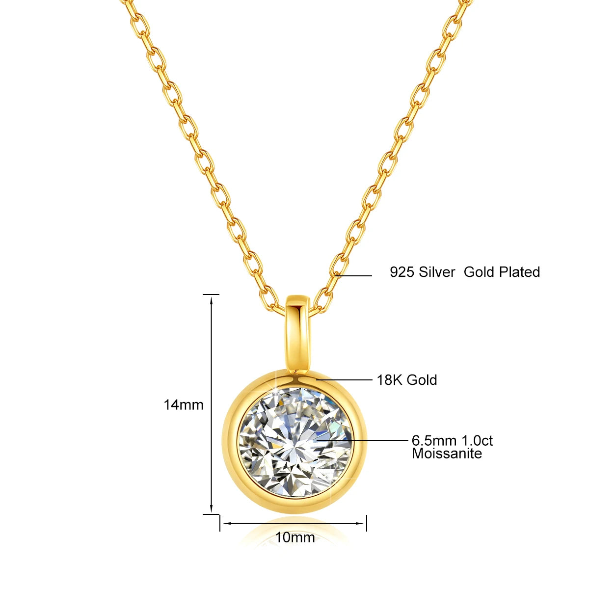 18K Gold Moissanite Necklace 1CT AU750 Pendant