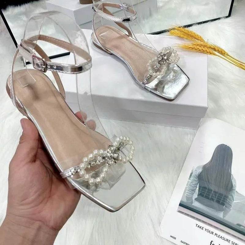 2023 Summer Women's Sandals with Bow Pearl Flat Heels Elegant Rhinestone Party Ladies Shoes Plus Size 42 Sandalias Mujer - Imbasat