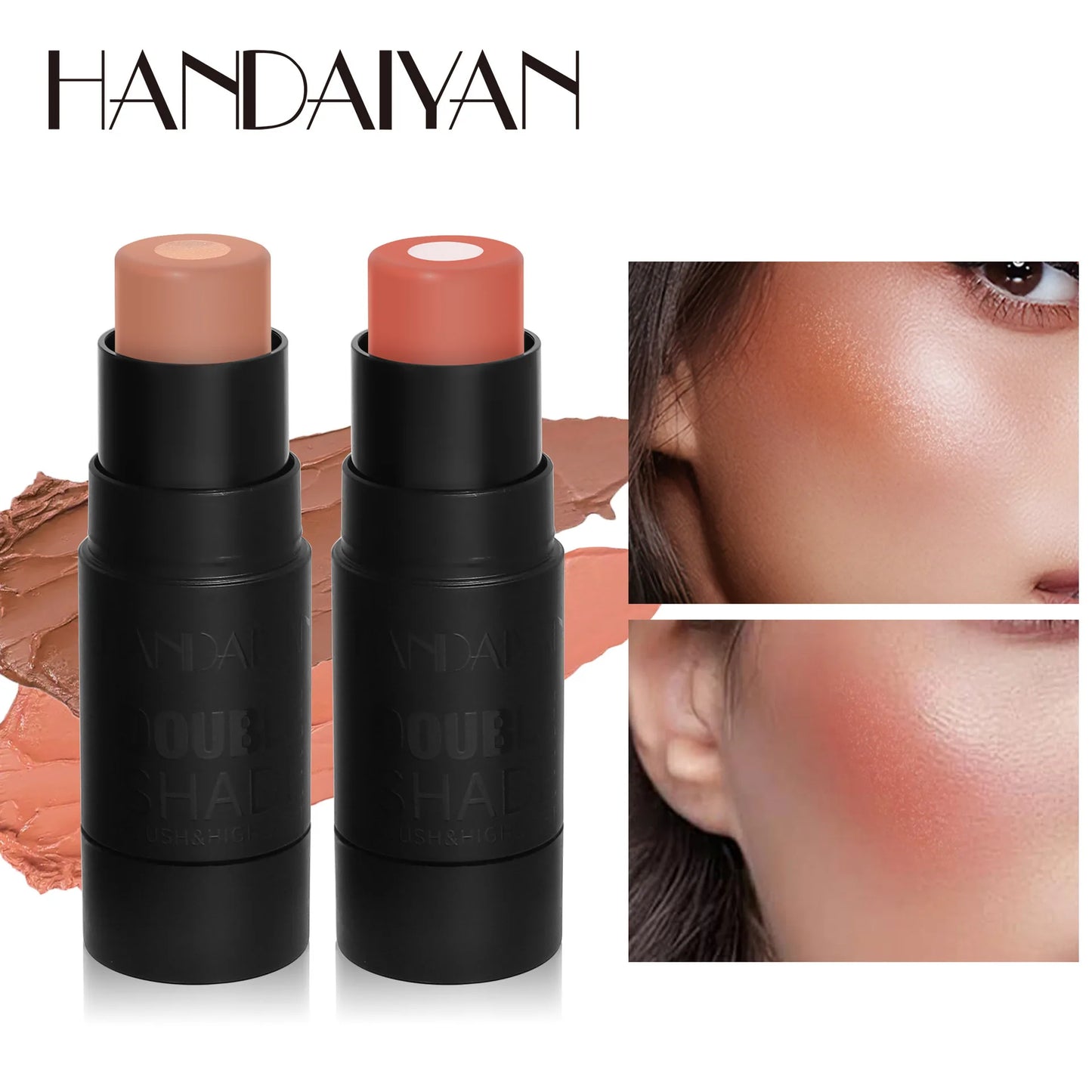 Handaiyan 2 In 1 Matte Glitter Face Blusher Smooth Cheek Velvety Blush Highlighter Stick Rouge Waterproof Contour Makeup