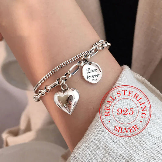 Elegant 925 Sterling Silver Love Letter Heart Double Layer Bracelet Female Unique Design Thai Silver Retro Light Luxury Jewelry