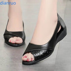 Summer soft sole mother sandals fish mouth middle-aged and elderly leather shoes flat middle-aged single shoes women's shoes - Imbasat