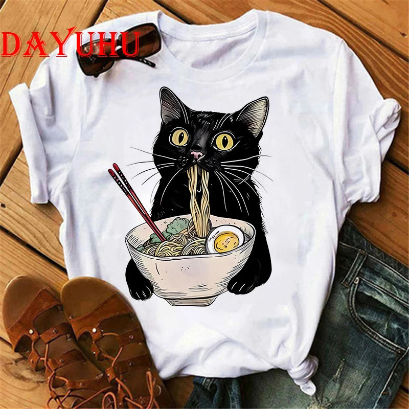Black Cat Noodle T-Shirts Retro Casual Short sleeve