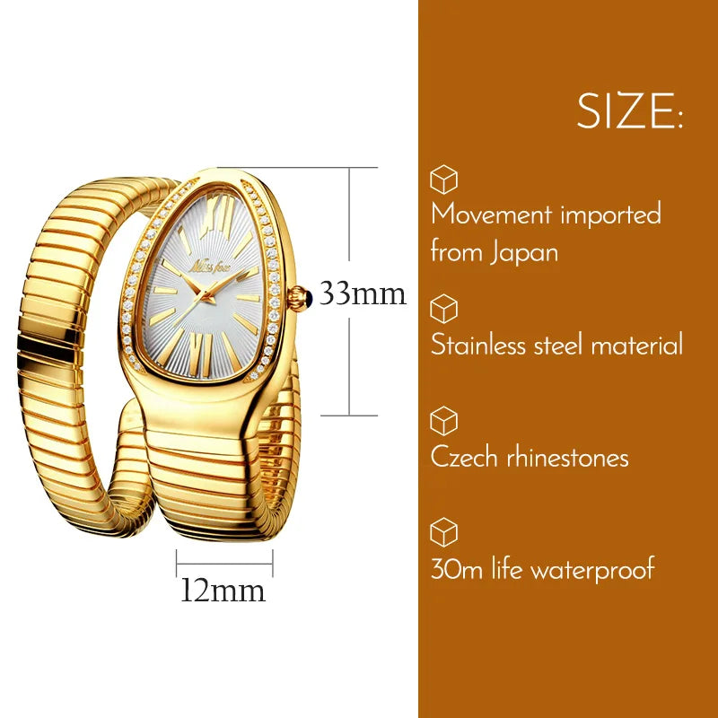 Hot Serpentine Disign Watch For Womens Brand MISSFOX Fashion Diamond Quartz Clocks Ladies Dress Snake Wristwatch Free Shipping