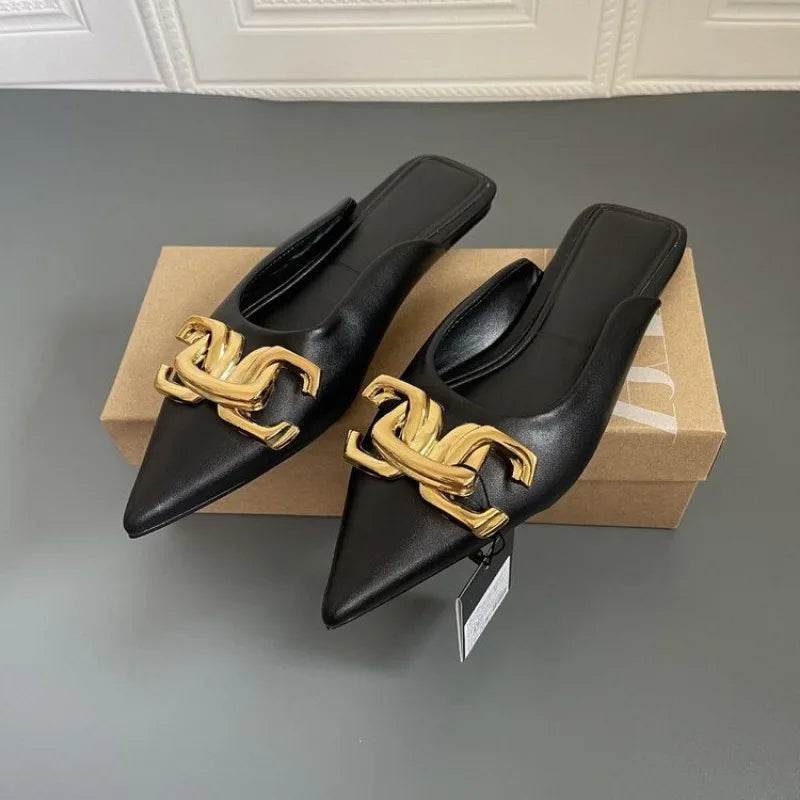 2024 New Summer Women Sandals Shoes Fashion Metal Chain Flats Pointed Toe Women's Slippers Ladies Casual Shoes Outside Slides - Imbasat