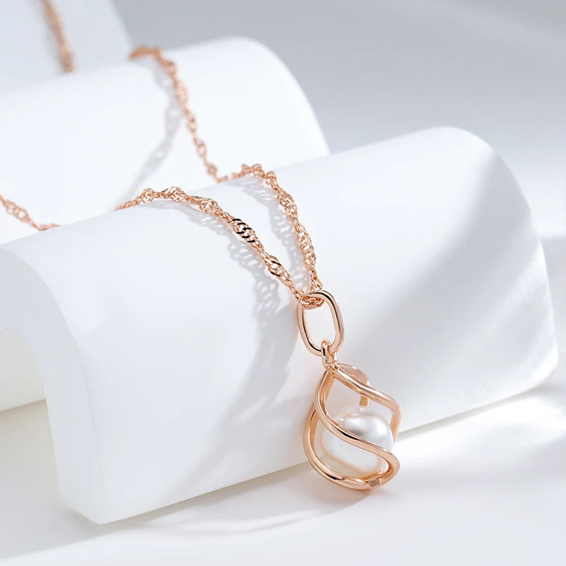 Kinel Luxury 585 Rose Gold Pendant Necklace Unique Geometric Hollow Pearl