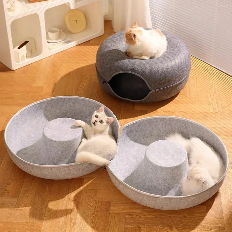 Cat Tunnel Bed for Indoor Cats Scratch Resistant Donut Cat Bed Cave Indoor Cat Hideout Detachable Round Felt & Washable