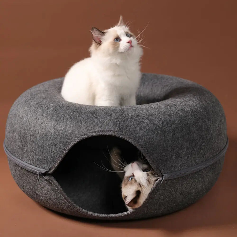 Cats Tunnel Bed Natural Felt Pet Cat Cave Nest Round House Donut Interactive Toy