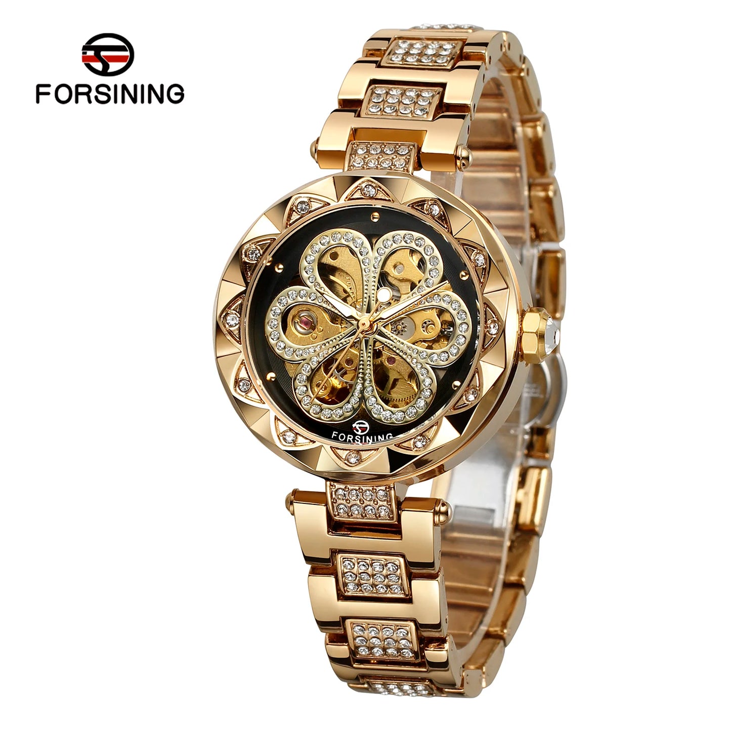 Forsining Skeleton Watch for Women Fashion Classics Diamond Automatic Mechanical Watches Luminous Hands Stainless Steel Strap