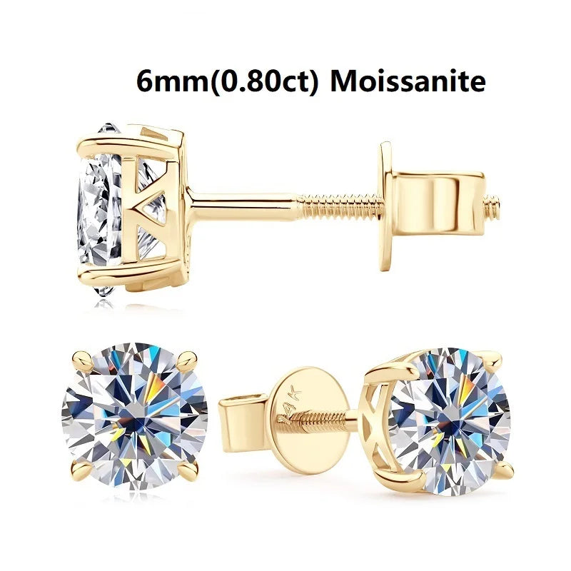 10K Solid Gold Stud Earrings Sparking 6.5mm 6mm 0.8-1CT D-E Moissanite