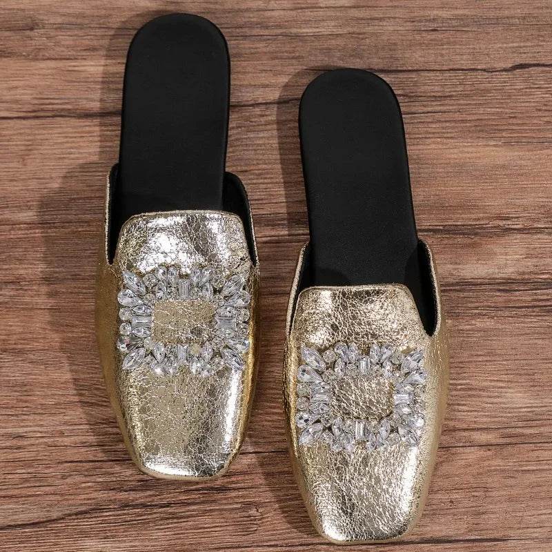 Women's Slippers 2024 Spring Autumn New Mules Slippers Luxurious Rhinestone Design Ladies Flat Slippers Pantuflas De Mujer - Imbasat
